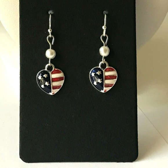USA American Flag Heart Earrings Stars Pearls Patriotic July 4 Silver Plated - Picture 5 of 8